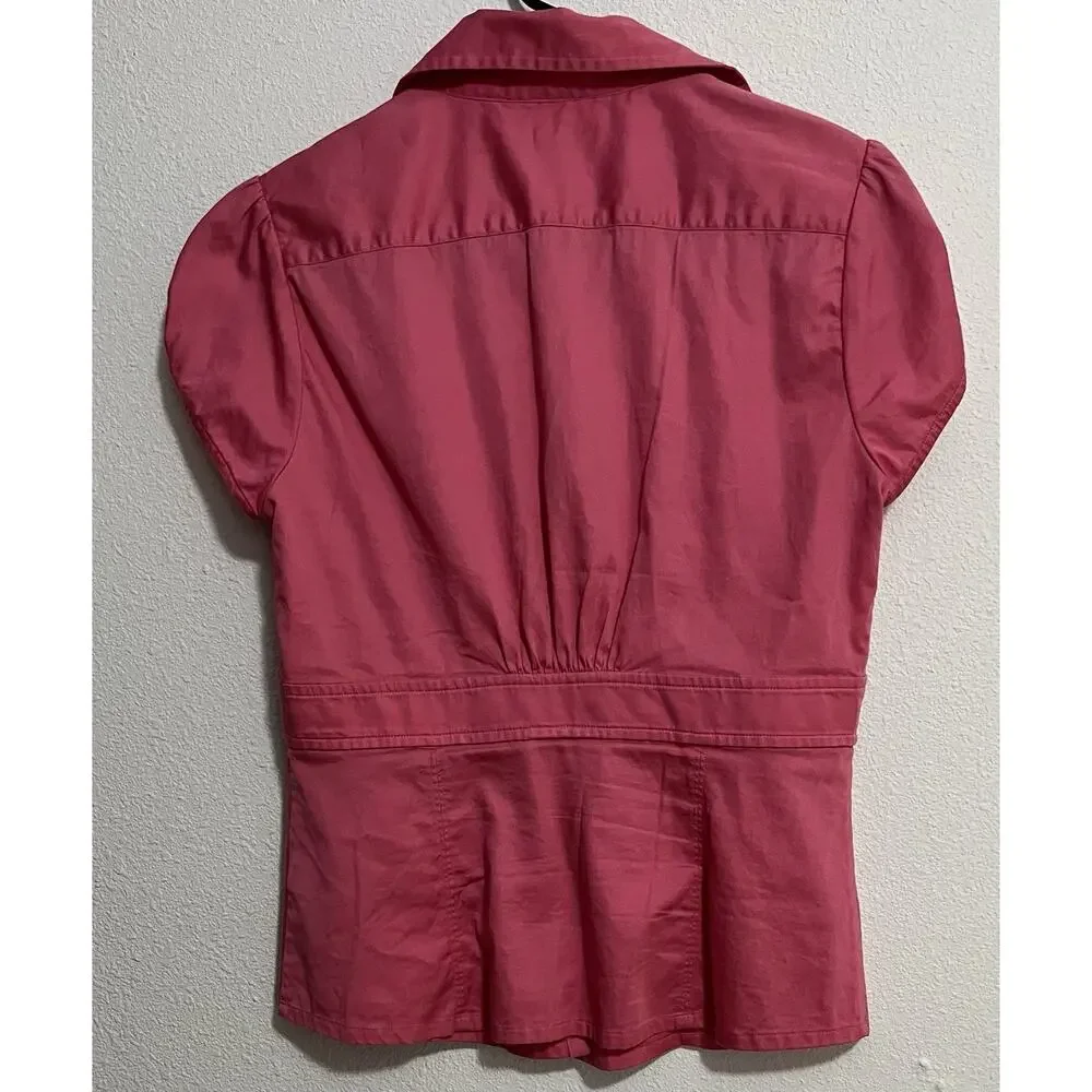 Banana Republic Pink Solid Collared Puff Short Sleeve Stretch Blouse Women's 10